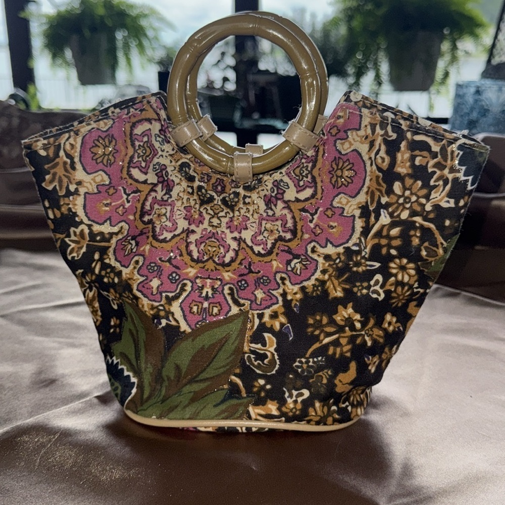 Vintage Boho Mini Handbag Faux Bamboo Handle Pink Brown Glitter Paisley Lined